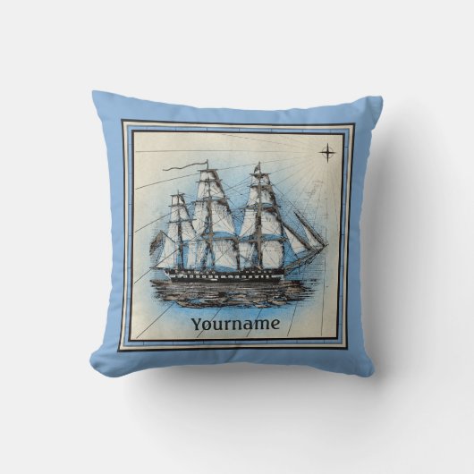 モノグラムの古い船のヴィンテージの青く航海のなコンパス クッション (正面)