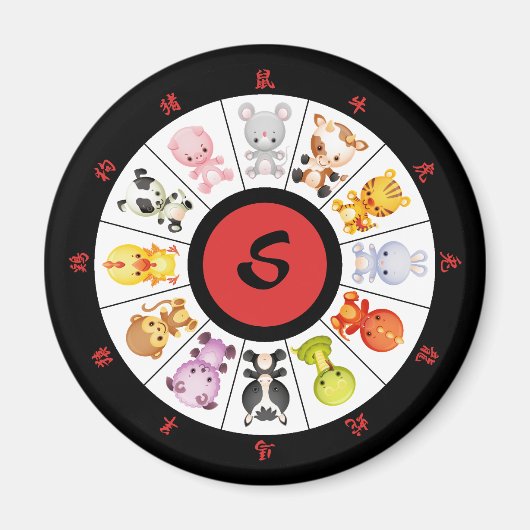 モノグラムの可愛い中国の〔占星術の〕十二宮図 マグネット (正面)