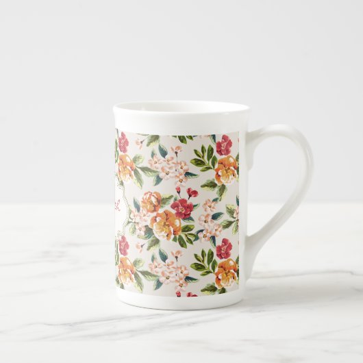 モノグラムの名前のガーリーでシックな花パターン ボーンチャイナマグカップ (右)