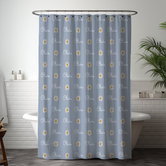 モノグラムの名前をカスタムする白デイジー花柄 シャワーカーテン