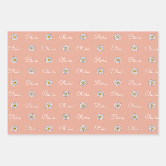 モノグラムの名前をカスタムする白デイジー花柄 ラッピングペーパーシート (正面3)