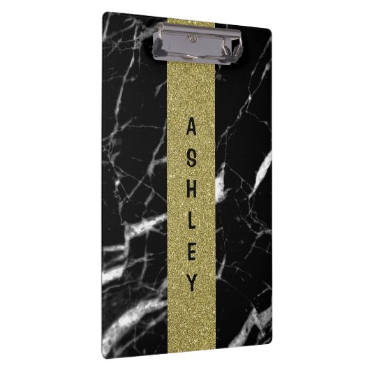 モノグラムの名前をカスタムする黒大理石と金ゴールド クリップボード (右)