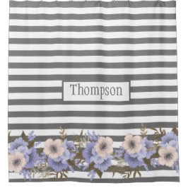 モノグラムの埃の多い青い水色のフローラストライプ シャワーカーテン