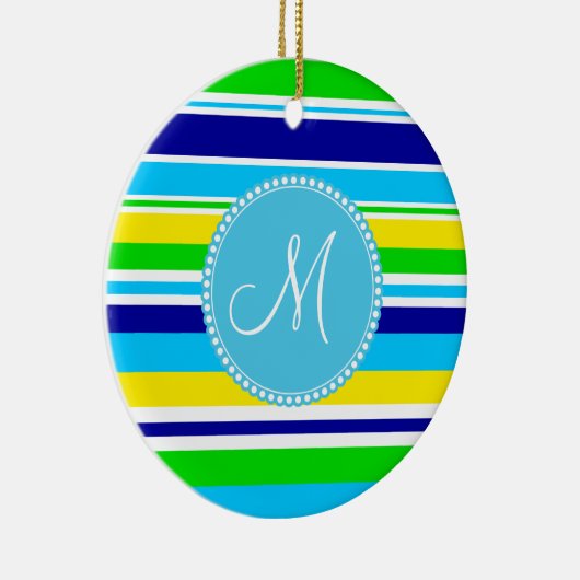 モノグラムの夏のストライプのなティール(緑がかった色)の緑の黄色の青 セラミックオーナメント (右)