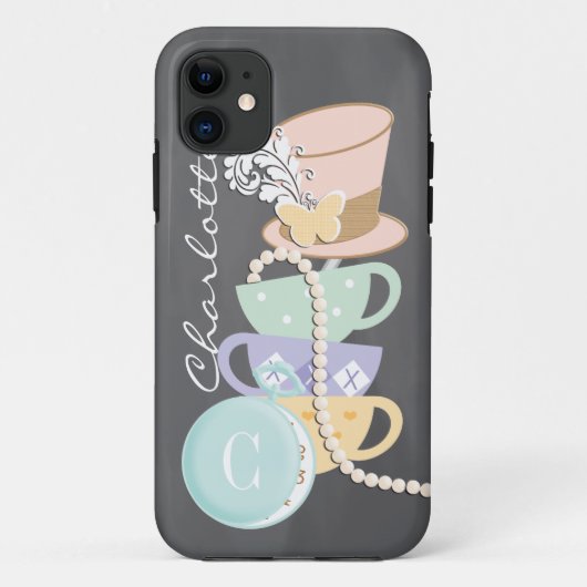 モノグラムの帽子屋のティーカップおよび帽子 Case-Mate iPhoneケース (裏面)