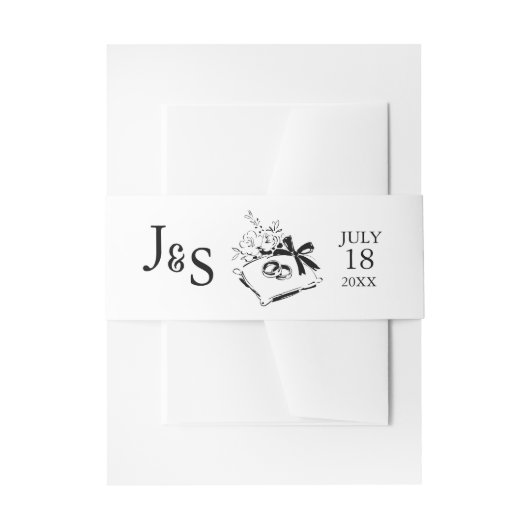 モノグラムの手描きの黒と白の結婚式 招待状ベリーバンド (正面例)