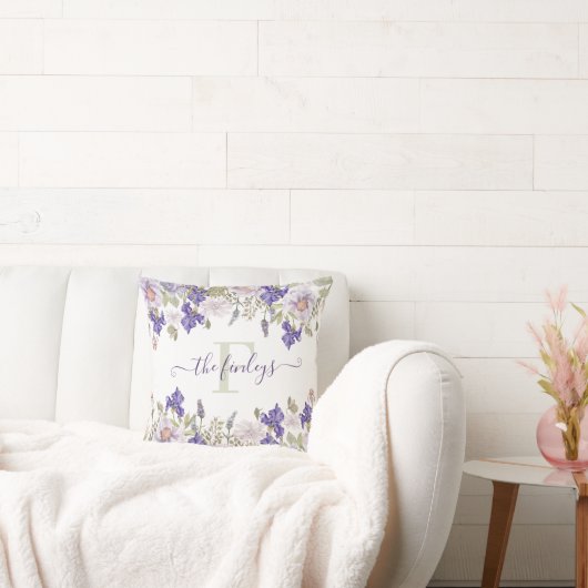 モノグラムの手描きワイルドアイリス ラベンダー ピロー (ソファ)