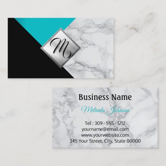 モノグラムの抽象的なティール（緑がかった色）、黒および大理石 名刺 (正面/裏面)