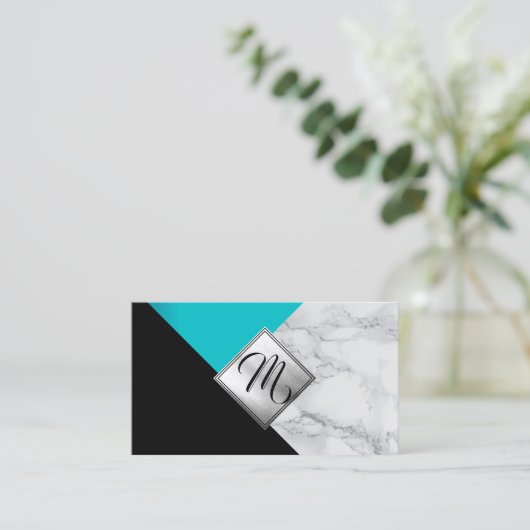 モノグラムの抽象的なティール（緑がかった色）、黒および大理石 名刺 (スタンド正面)