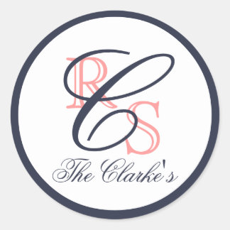 モノグラムの既婚名，ピーチ，ネイビーブルー ラウンドシール