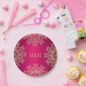 モノグラムの明るい赤紫色及び金ゴールドインディアンスタイル結婚の ペーパープレート (パーティー)