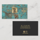 モノグラムの最初のヴィンテージの金ゴールドのターコイズ及びティール(緑がかった色) 名刺 (正面/裏面)