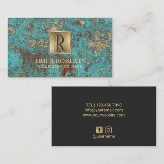 モノグラムの最初のヴィンテージの金ゴールドのターコイズ及びティール(緑がかった色) 名刺 (正面/裏面)