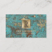 モノグラムの最初のヴィンテージの金ゴールドのターコイズ及びティール(緑がかった色) 名刺 (正面)