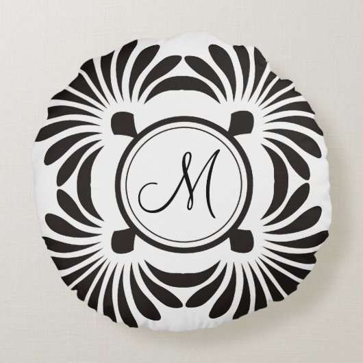 モノグラムの最初の円形の枕黒い花柄 ラウンドクッション (裏面)