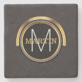 モノグラムの最初の姓の金ゴールドの黒の革 ストーンコースター (正面)