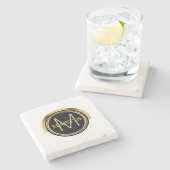 モノグラムの最初の姓|のアールデコの黒の金ゴールド ストーンコースター (横)