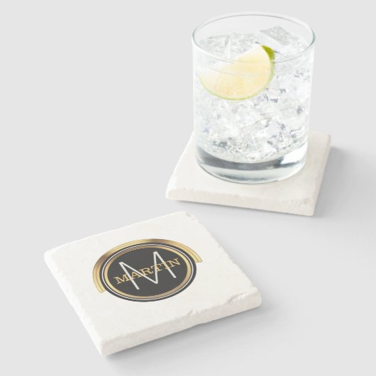 モノグラムの最初の姓|のアールデコの黒の金ゴールド ストーンコースター (横)