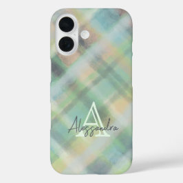 モノグラムの格子柄パステルグリーン灰色の黄色ティール（緑がかった色） iPhone 16ケース