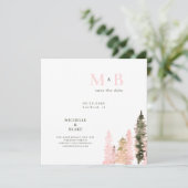 モノグラムの森のピンクの結婚式延期案内状 スクエア (スタンド正面)