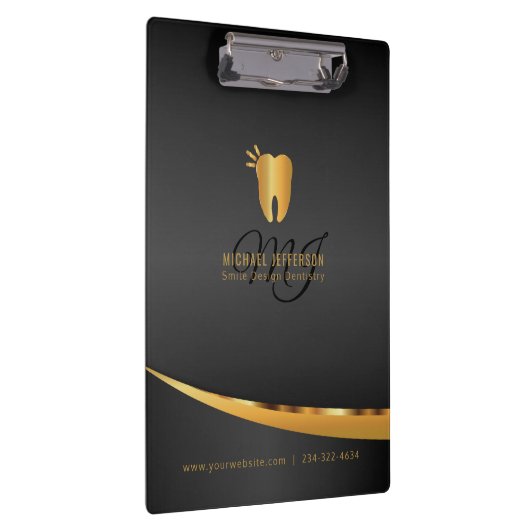 モノグラムの歯科医のオフィス-黒および金ゴールド クリップボード (右)