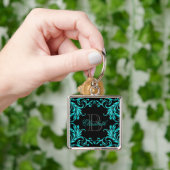 モノグラムの水の青のダマスク織 キーホルダー (手)