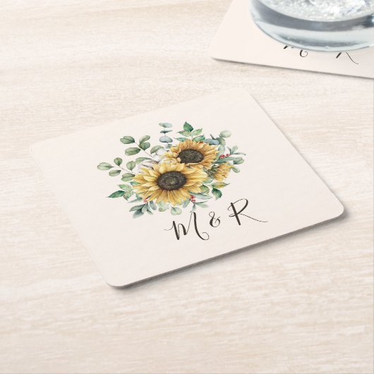 モノグラムの水彩ヴィンテージひま素朴わり スクエアペーパーコースター (アングル)