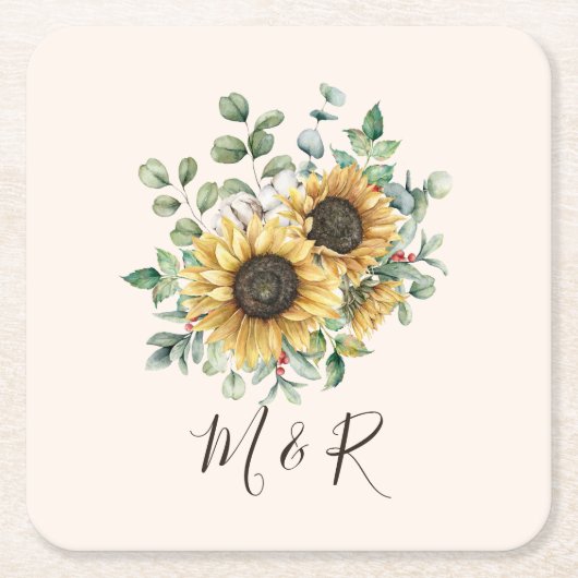 モノグラムの水彩ヴィンテージひま素朴わり スクエアペーパーコースター (正面)