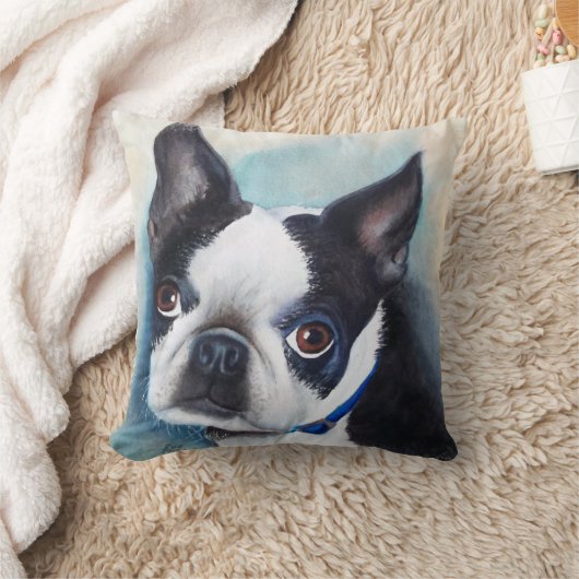 モノグラムの水彩画のボストンテリアのポートレート クッション (ブランケット)