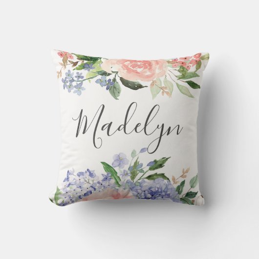 モノグラムの水彩青ピンクアジサイフローラ クッション (正面)
