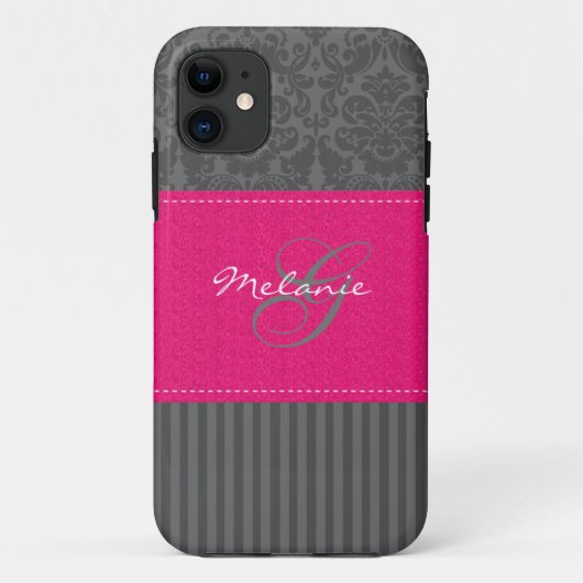 モノグラムの灰色のピンクのダマスク織のストライプのiPhone 5の箱 Case-Mate iPhoneケース (裏面)