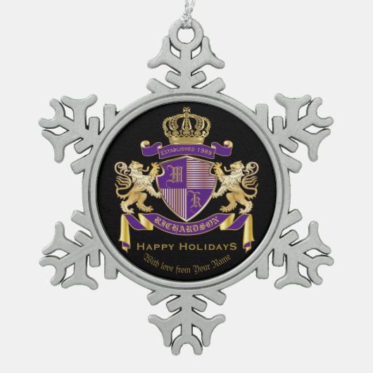 モノグラムの王冠の紋章あなた自身の紋章付き外衣を作って下さい スノーフレークピューターオーナメント (正面)