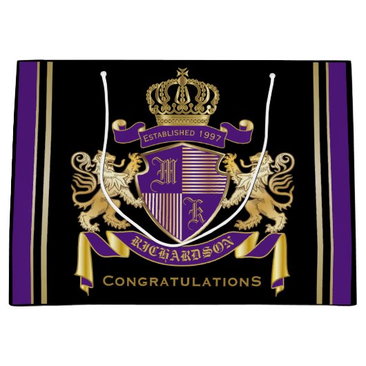 モノグラムの王冠の紋章あなた自身の紋章付き外衣を作って下さい ラージペーパーバッグ (正面)