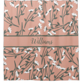 モノグラムの白とピンクと緑の花柄 シャワーカーテン