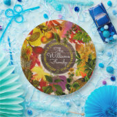 モノグラムの秋の紅葉のコラージュのヴィンテージ木 ペーパープレート (パーティー)