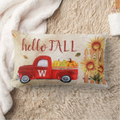 モノグラムの秋は赤いトラックのカボチャヒマワリここにあります ランバークッション (ブランケット)