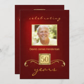 モノグラムの第50誕生会の赤及び金ゴールド 招待状 (正面/裏面)