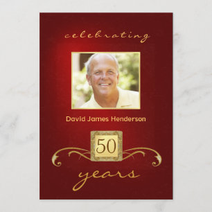 モノグラムの第50誕生会の赤及び金ゴールド 招待状