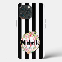 モノグラムの紅色の花の白と黒のストライプ花 iPhone 13 PROケース