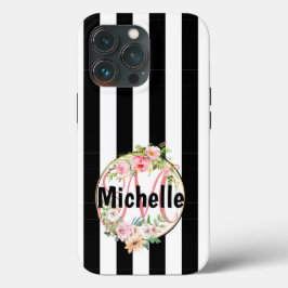 モノグラムの紅色の花の白と黒のストライプ花 iPhone 13 PROケース