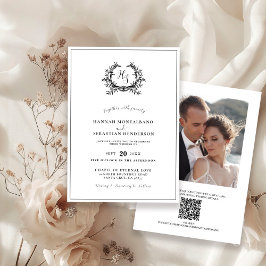 モノグラムの紋章QRコードを使ったエレガントな黒白の結婚式 招待状
