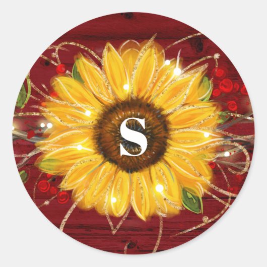 モノグラムの素朴で赤い金ゴールドのヒマワリの封筒用シール ラウンドシール (正面)