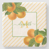 モノグラムの素朴な柑橘系オレンジの水色のストライプ ストーンコースター (正面)