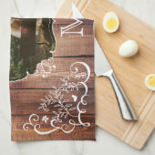 モノグラムの素朴な森林結婚式の写真木パネル キッチンタオル (四つ折り)