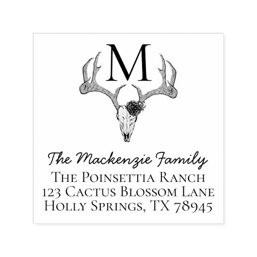 モノグラムの素朴フローラ鹿スカル〔雄ジカの〕枝角 セルフインキングスタンプ (デザイン)