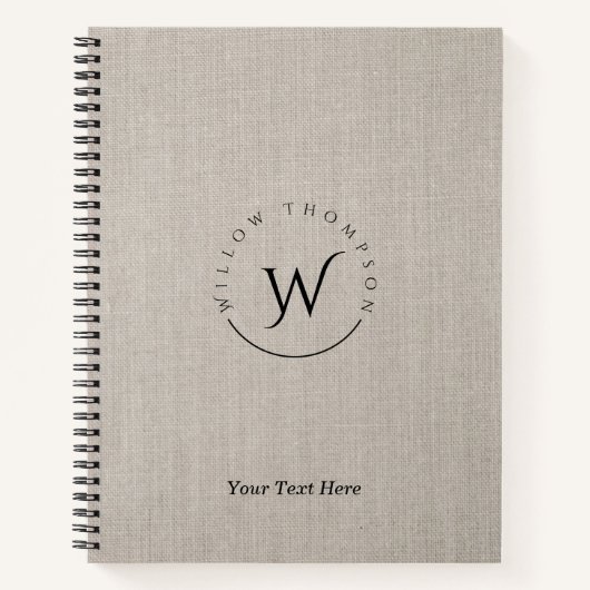 モノグラムの素朴Beigeリネンエレガントスクリプト ノートブック (正面)