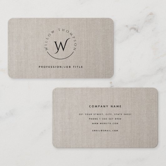 モノグラムの素朴Beigeリネンエレガントスクリプト 名刺 (正面/裏面)