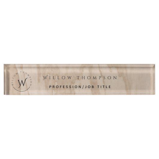 モノグラムの素朴Wood Textureエレガント Script デスクネームプレート (正面)