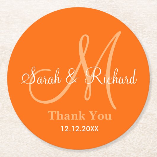 モノグラムの結婚式はオレンジ感謝していしています ラウンドペーパーコースター (正面)