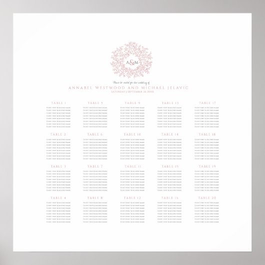 モノグラムの結婚式20卓のテーブル席次表(サーモンピンク) ポスター (正面)
